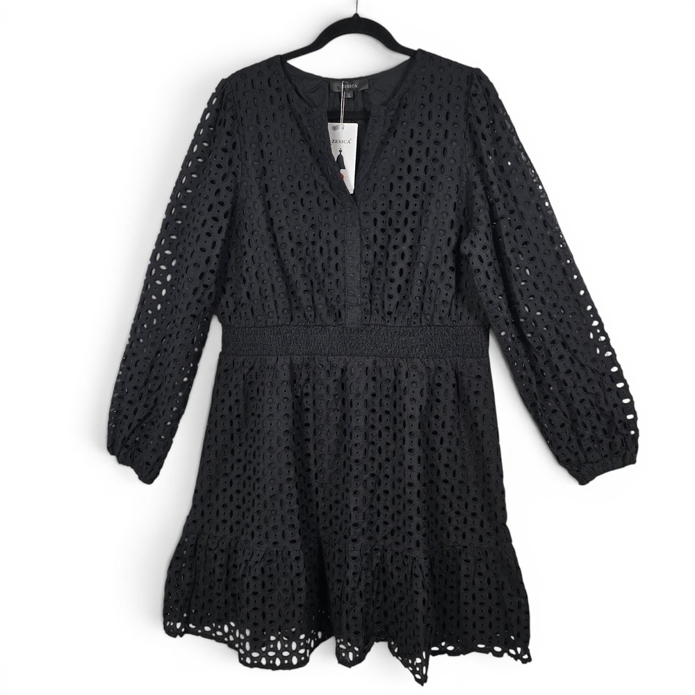 ZESICA Black Eyelet Embroidery Long Sleeve Smocked Waist Mini Dress XL Lined NEW